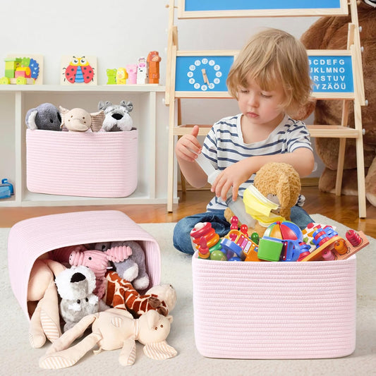 3-Pack Shelf Baskets for Organizing, Woven Storage Basket for Shelves, Cotton Rope Storage Bins for Toys Books, Nursery Towel Baskets for Classroom, 14.96"X9.8"X8.85", Pink