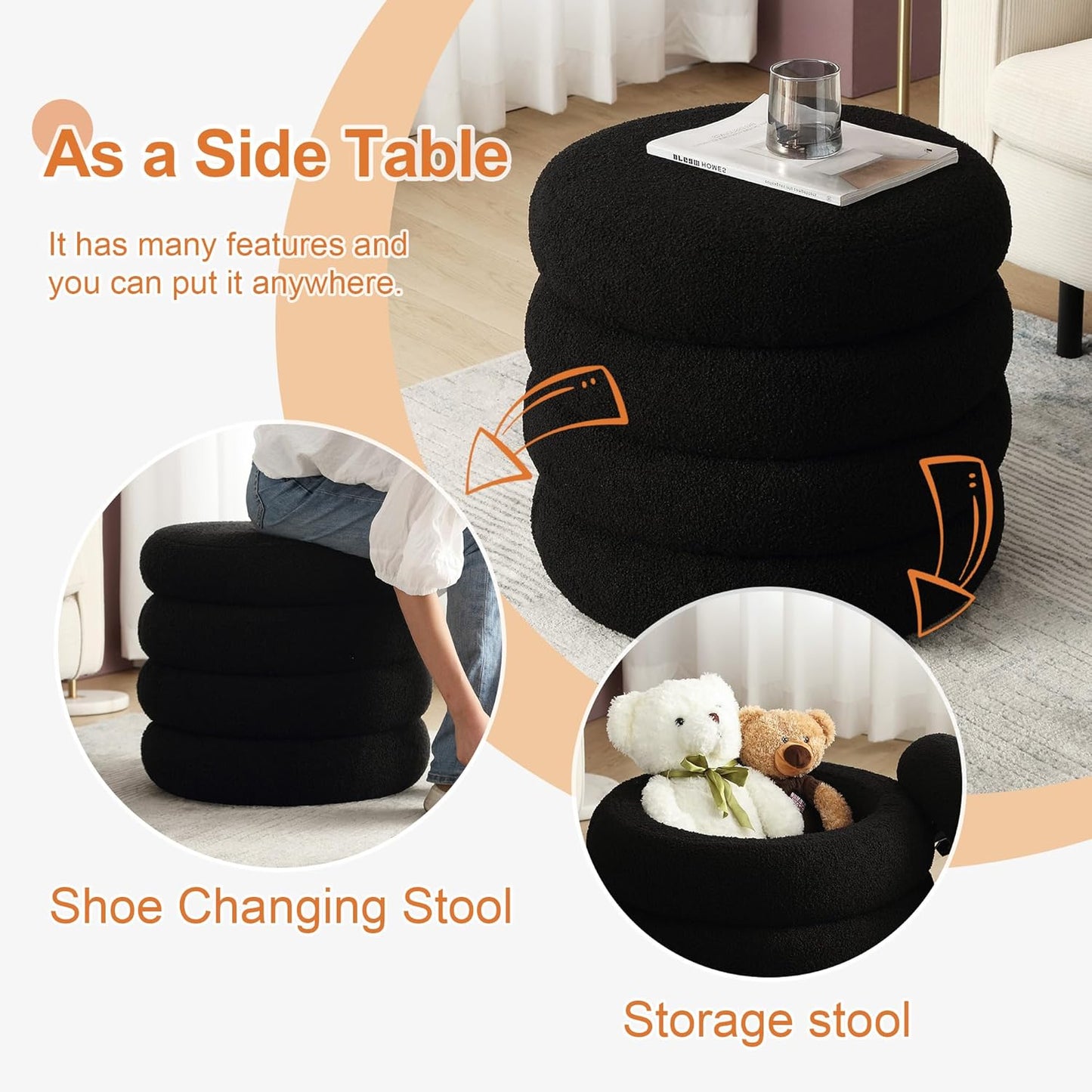 ONEVOG 16 Inch Small Ottoman Foot Rest, Sherpa Storage Ottoman for Toys, Black Vanity Stool Soft Tufted Fabric Pouf, Footstool Seat for Living Room, Dorm, Bedroom