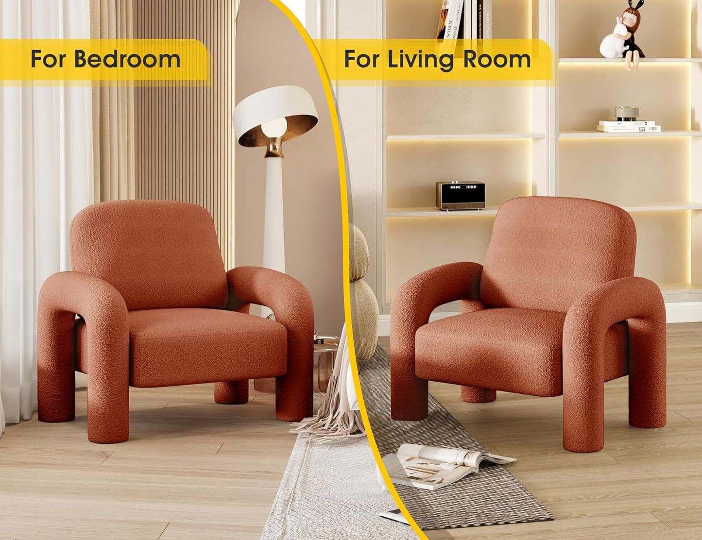 Modern Sherpa Accent Chair, Teddy Upholstered Arm Single Sofa, Cozy Fluffy Reading Chair for Living Room, Bedrooms, Corner (Orange)