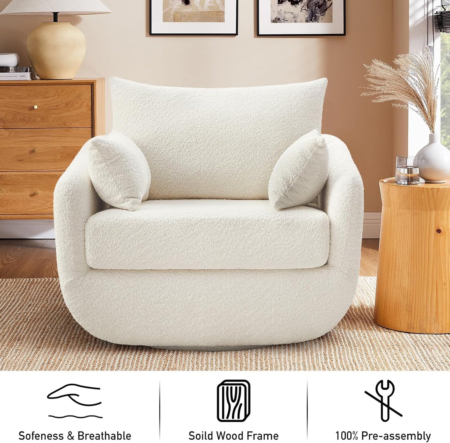 360° Swivel Accent Armchair, 39.3" Oversized, Sherpa Boucle Fabric Sofa Chair with Removable Back & Arm Pillows, Swivel Chair with Cozy Soft Padded, No Assembly Required (1, Cream White)