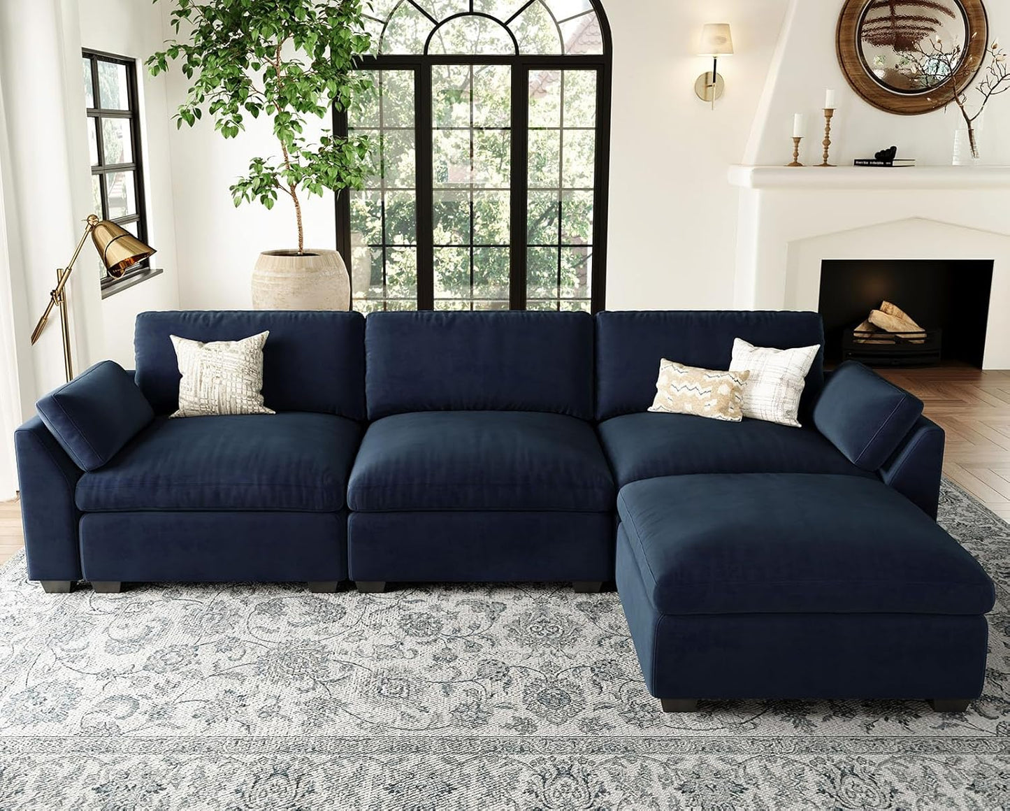 Belffin Extra Large Modular Sectional Sofa,106.3" 4-Seater L Shaped Couch,Velvet Convertible Sectional Couches for Living Room,Comfy Upholstered Modern Cloud Couch,Blue Sofa