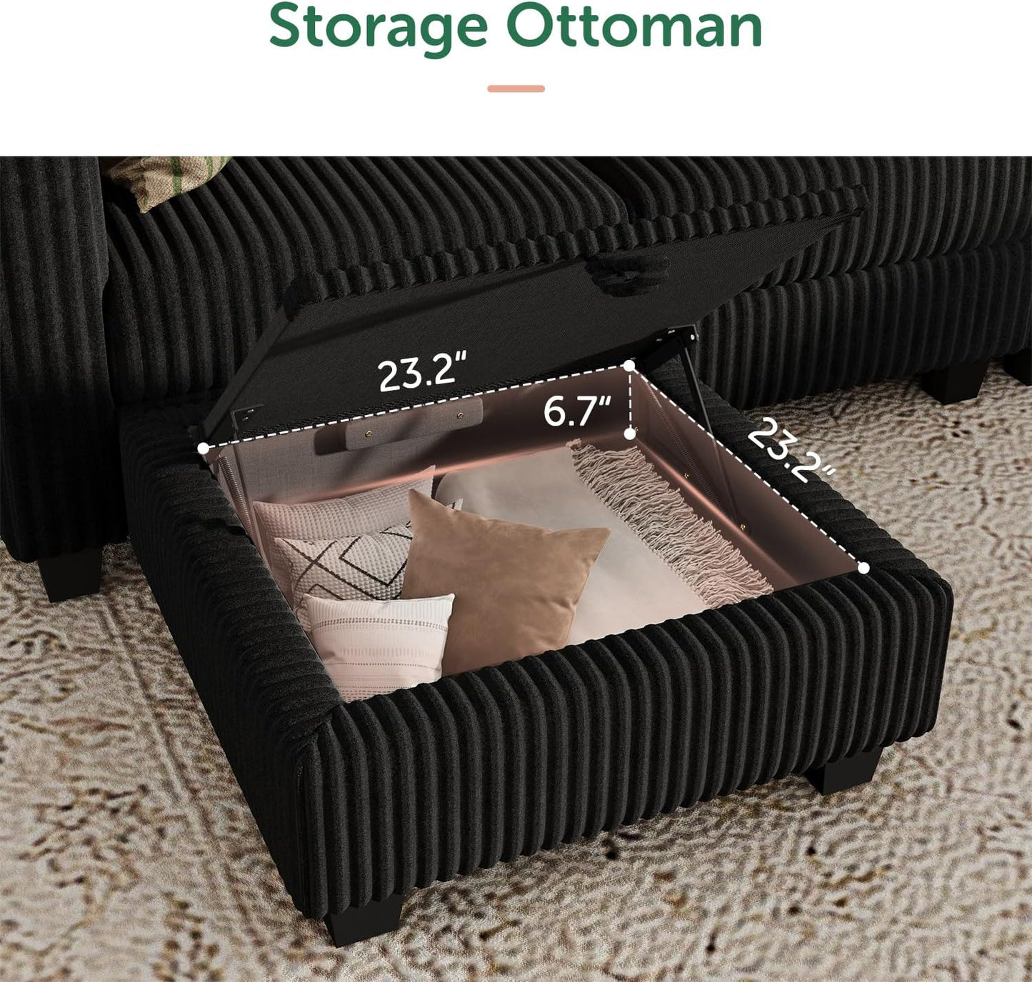 HONBAY Corduroy Modular Sectional Couch with Storage L-Shaped Sectional Couches for Living Room 6 Seater Modular Sectional Sofa, Black