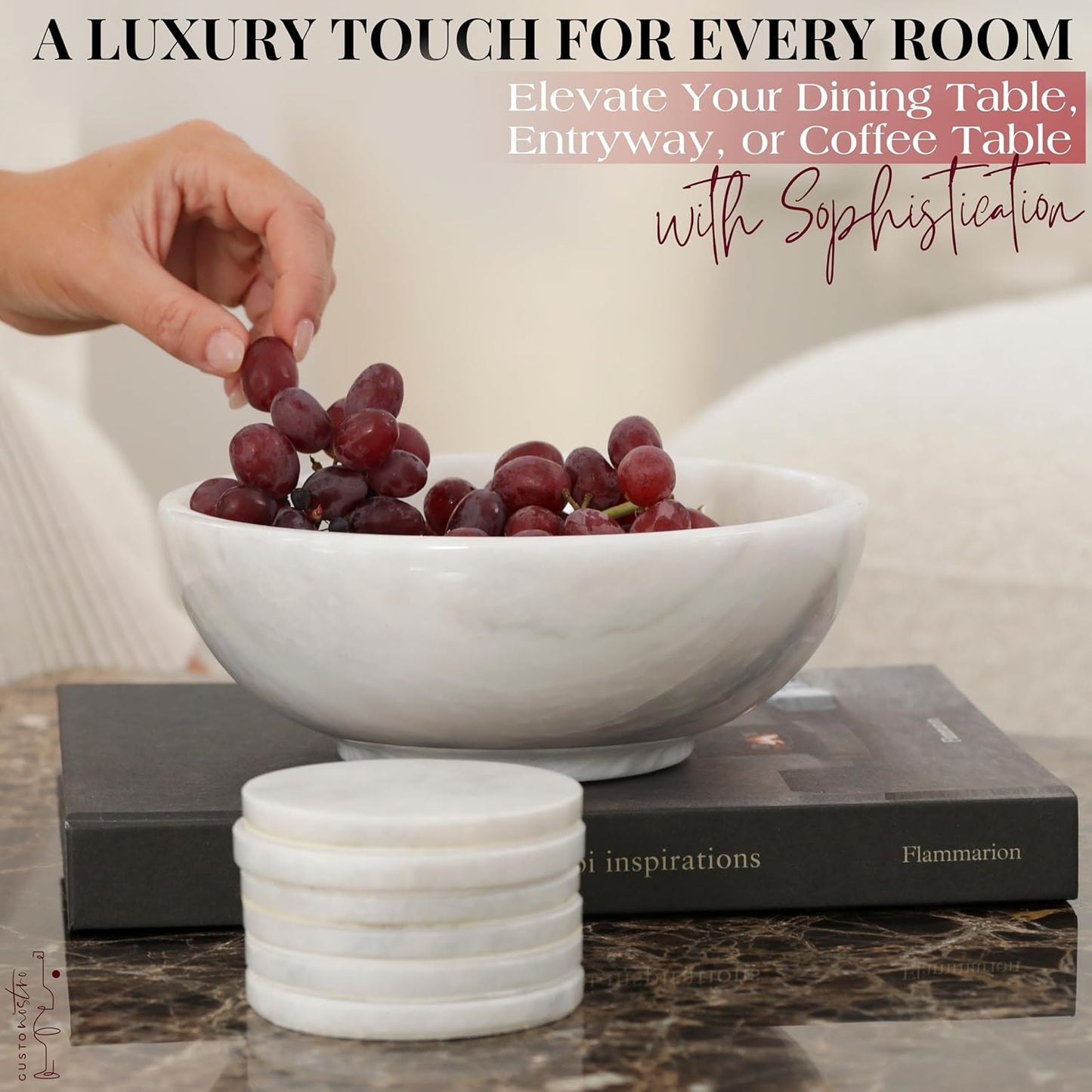 Gusto Nostro 8" Luxury White Marble Decorative Bowl for Coffee Table - Elegant Modern Fruit Bowl for Kitchen Counter - Heavy Stone Entryway Catch all for Keys, Jewelry, Potpourri Holder - Medium Size
