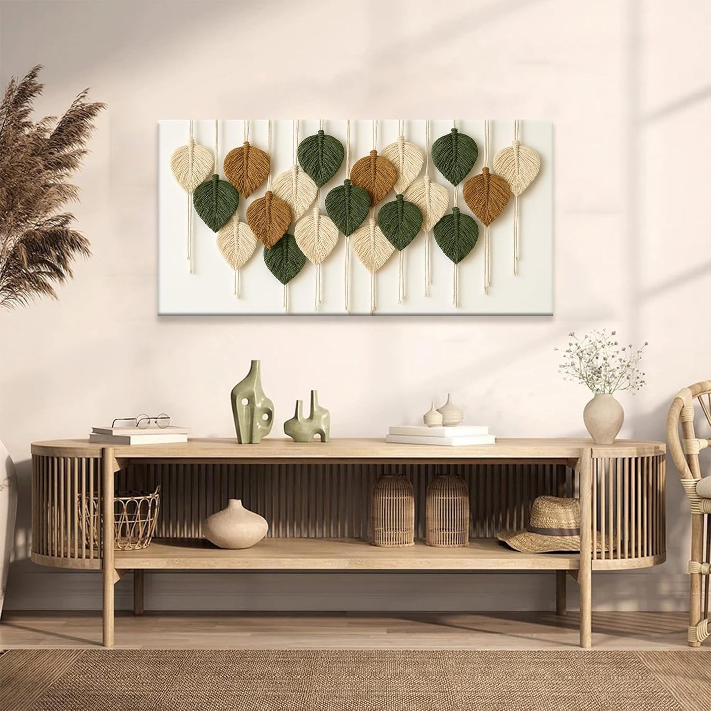 Boho Wall Art Chic Home Wall Art Modern Multicolor Leaves Feather Canvas Wall Art Decor For Living Room Bedroom Apartment Kitchen 24"W X 48"L Ready To Hanging