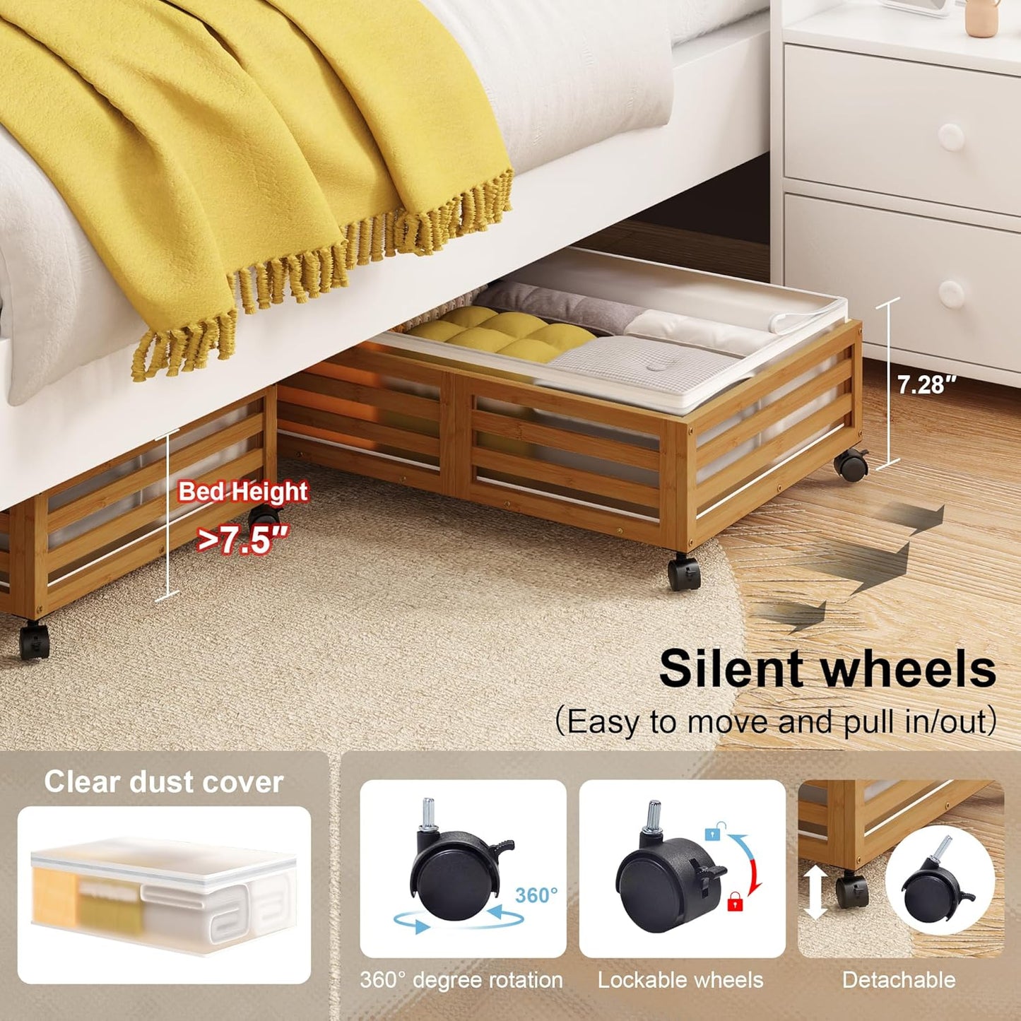 Under Bed Storage with Wheels-Large Bamboo Underbed storage Containers with Large Dust Bag Stackable Under the Bed Shoe Storage Bins for Clothes Books Bedding (2 Packs walnut, 23.62"L×16.54"W× 6.51"H)