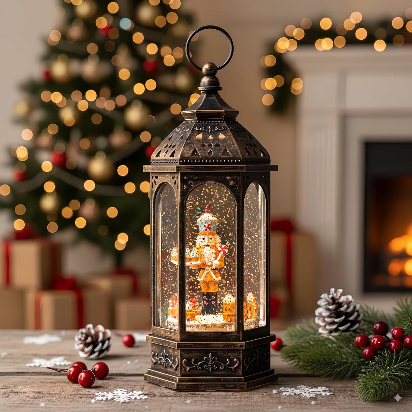 Animated Gingerbread Nutcracker with Moving Figurines Lighted Water Lantern, USB Lined/Battery Operated Snow Globe for Christmas Festival Decoration Gifts