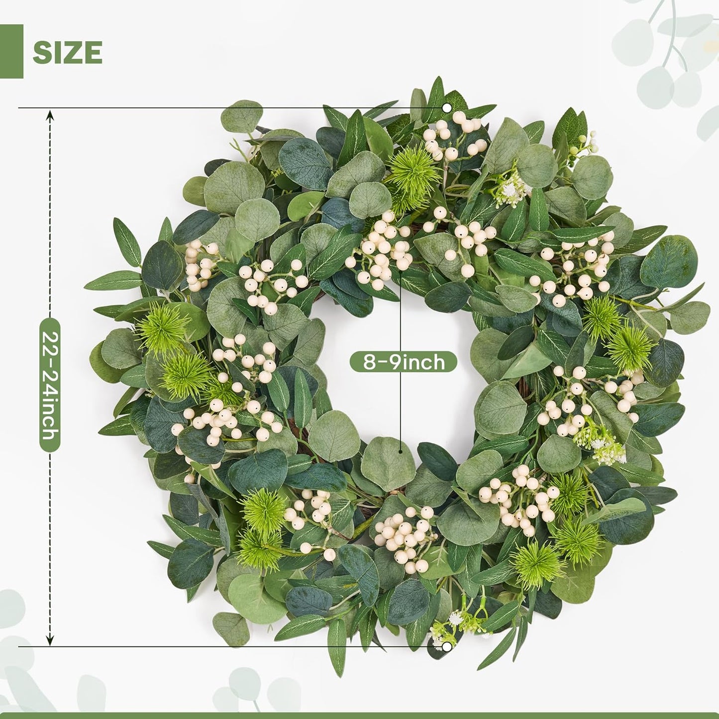 GENMOUS 24Inch Artificial Eucalyptus Wreath for Front Door, Christmas Wreaths with Ivory Berries Silver Dollar, Green Wedding Home Wall Door Hanging Decor All Seasons, Holiday Thanksgiving Halloween