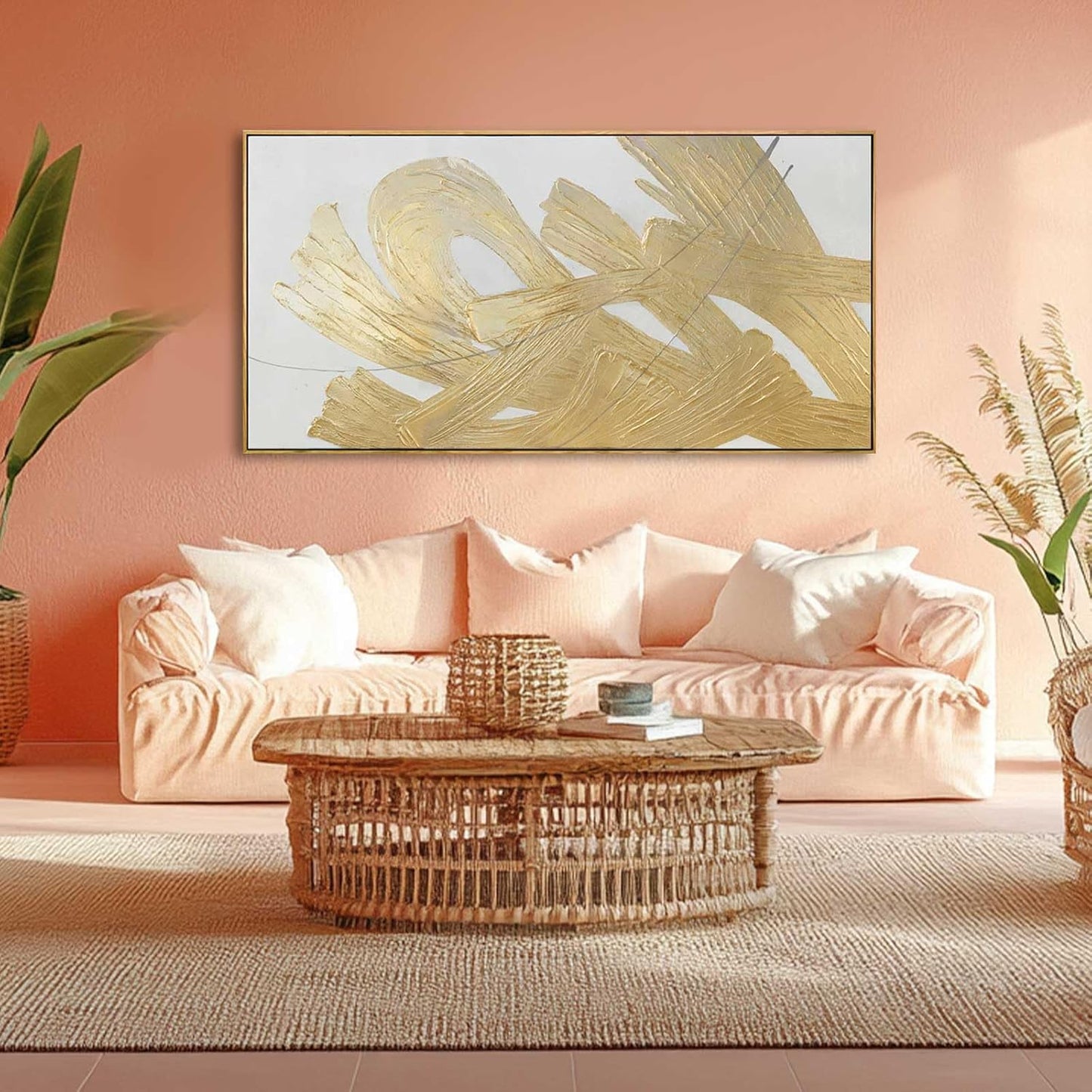 Gold Framed Canvas Art Abstract Wall Decor White Picture Decor 24"x48" Canvas Wall Art for Bedroom Oil Painting for Kitchen