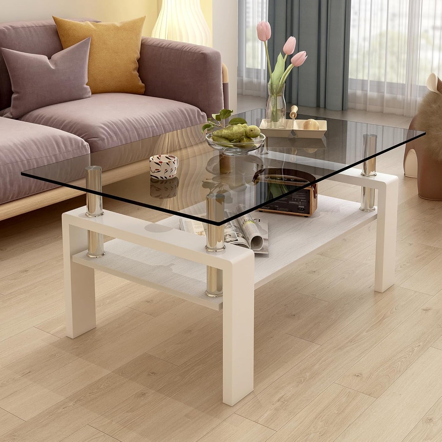 Glass Coffee Table Rectangle Living Room Center Table, with Gray Tempered Glass Tabletop and White MDF Layer,for Living Room and Office, Gray+White