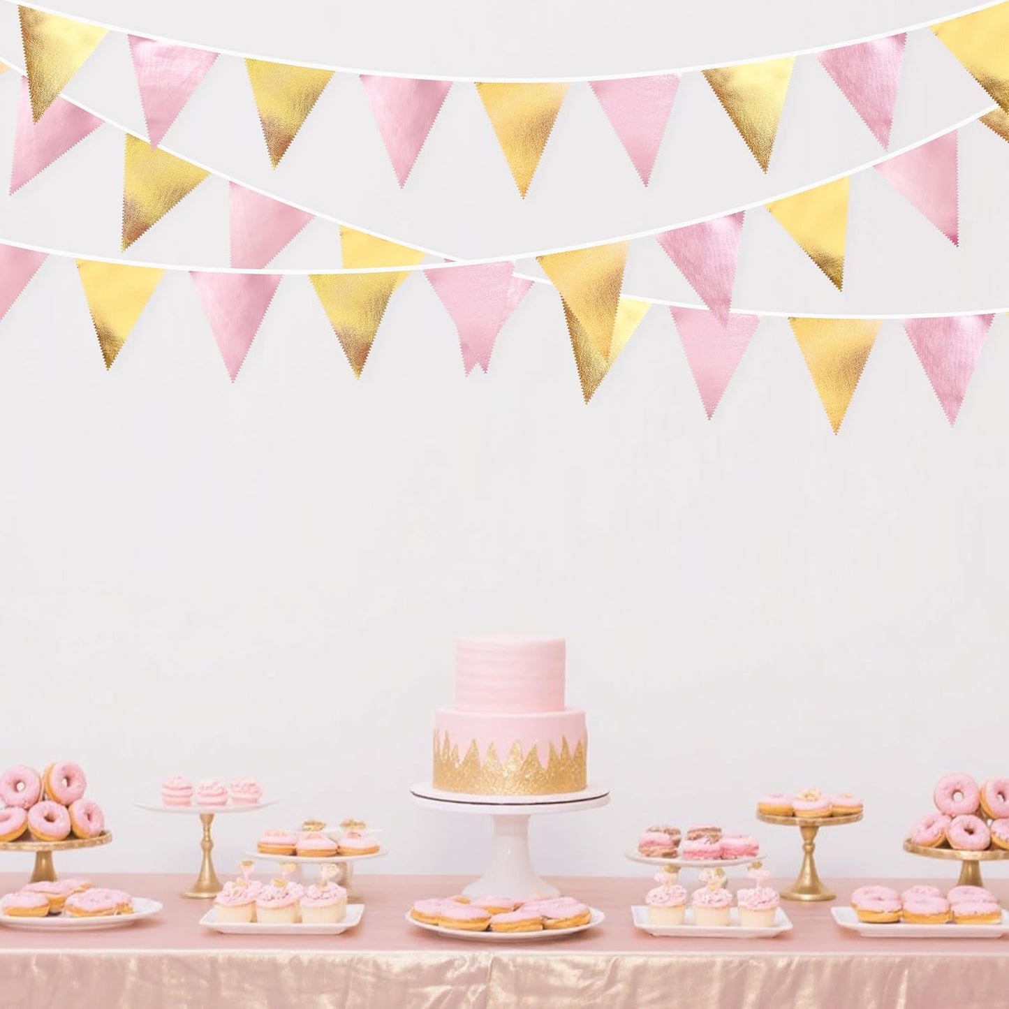 Pink Gold Party Decoration Metallic Fabric Light Pink Gold Triangle Pennant Banner Flag Bunting Garland for Women Girl Birthday Retirement Graduations Bridal Shower Wedding Baby Shower Party Supplies