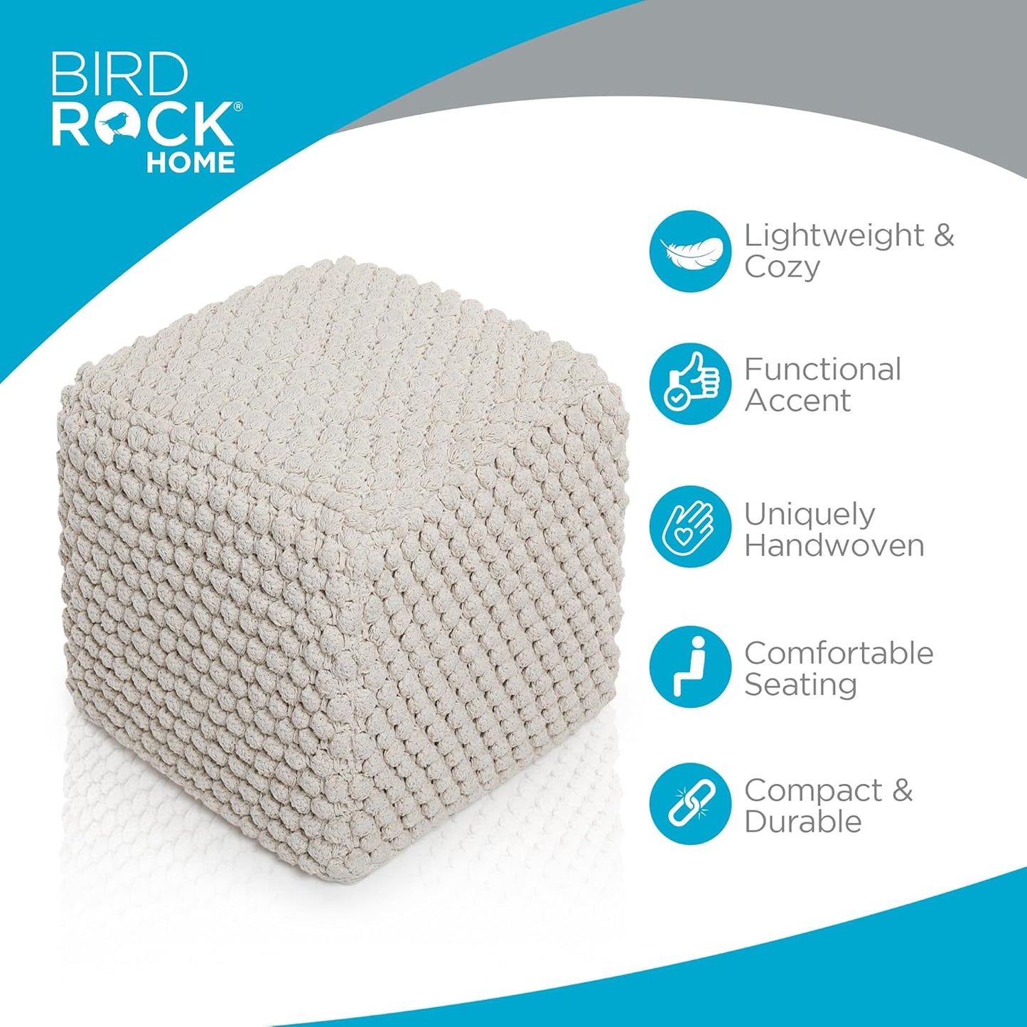 BIRDROCK HOME Bud Pouf Foot Stool Ottoman - Knit Bean Bag Floor Chair - Cotton Braided Cord - Great for The Living Room, Bedroom and Kids Room - Small Furniture