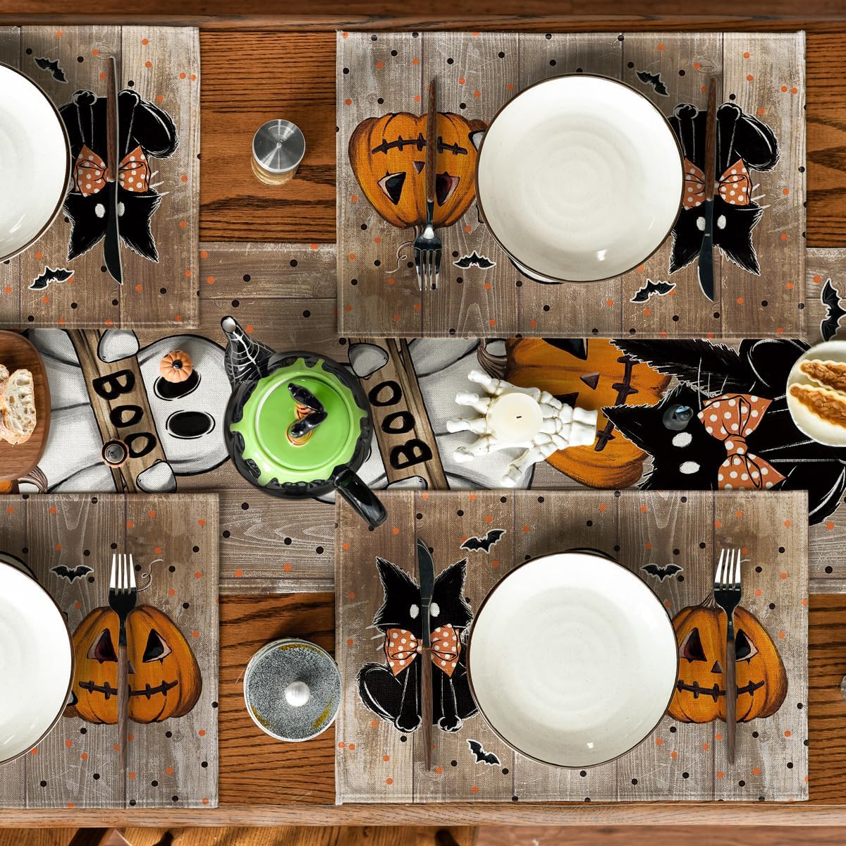 Artoid Mode Wood Polka Dot Ghost Cat Boo Halloween Placemats Set of 4, 12x18 Inch Seasonal Table Mats for Party Kitchen Dining Decoration