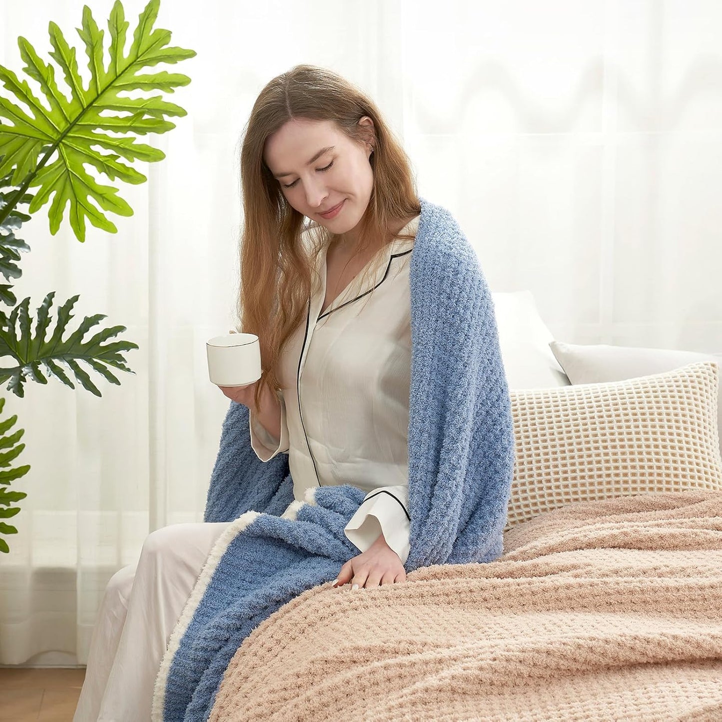 Snuggle Sac Blue Waffle Throw Blanket for Couch Bed Sofa 60x80 inches, Reversible Blue Blanket Microfiber Fluffy Fuzzy Cozy Knit Twin Blanket for Women Mothers Birthday Gifts