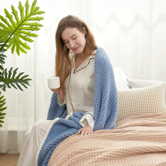 Snuggle Sac Blue Waffle Throw Blanket for Couch Bed Sofa 60x80 inches, Reversible Blue Blanket Microfiber Fluffy Fuzzy Cozy Knit Twin Blanket for Women Mothers Birthday Gifts