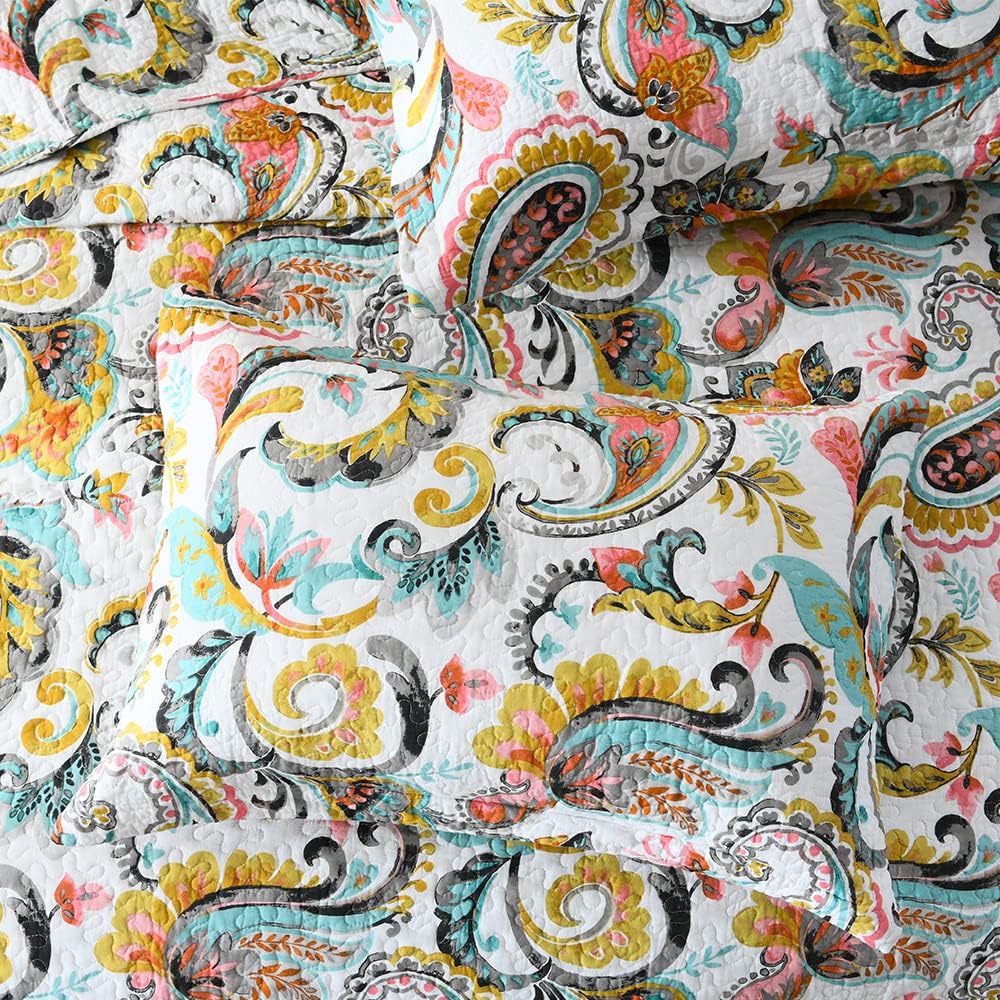 Autumn Dream Cotton Bedspread Quilt Sets, 3 Pieces Reversible Comforter Coverlet Sets,White Floral Paisley,King Size