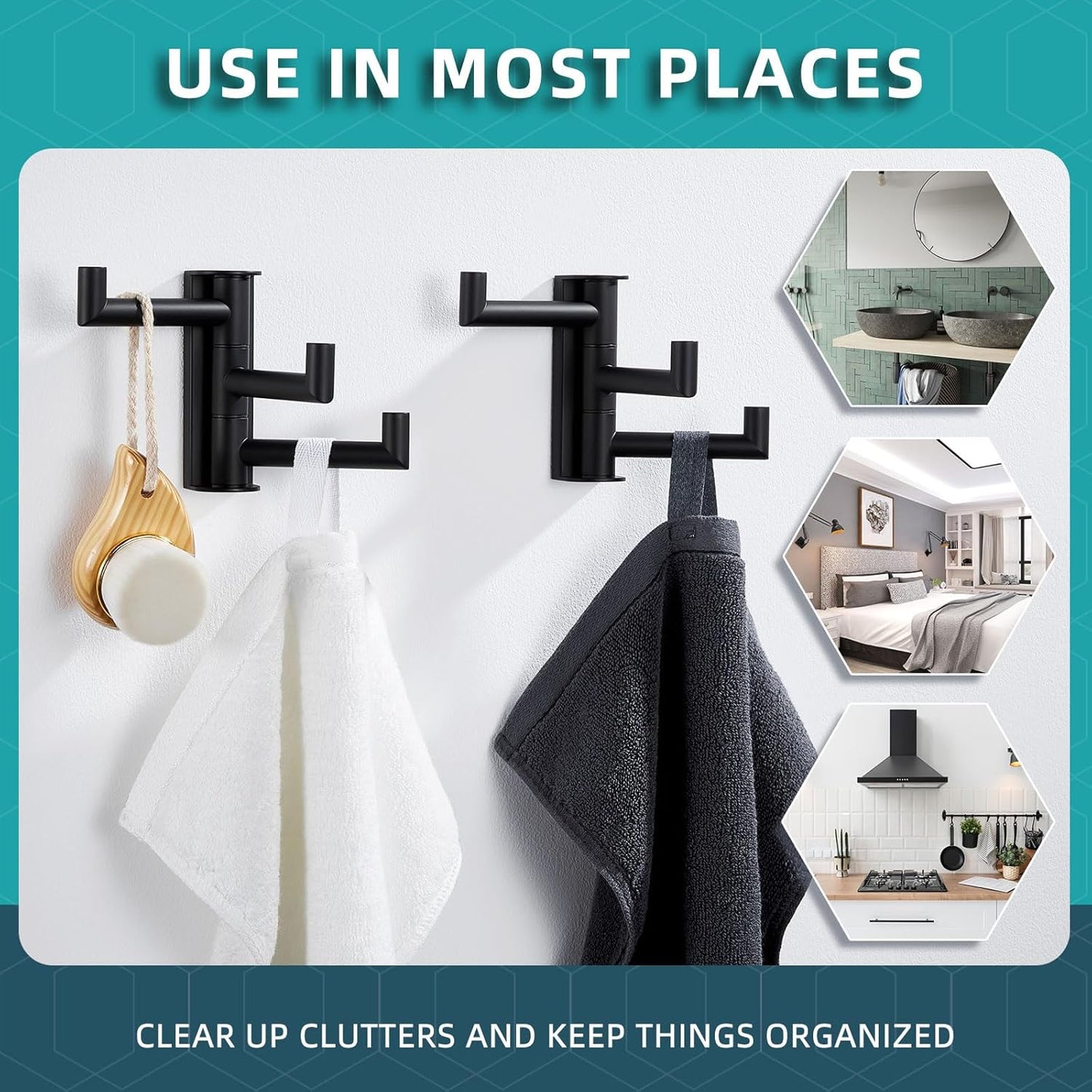 Angle Simple Swivel Towel Hooks for Bathroom, SUS 304 Stainless Steel Foldable 3 Arms Robe Towel Holder, Shower Wall Coat Hooks, Matte Black, 2 Pack