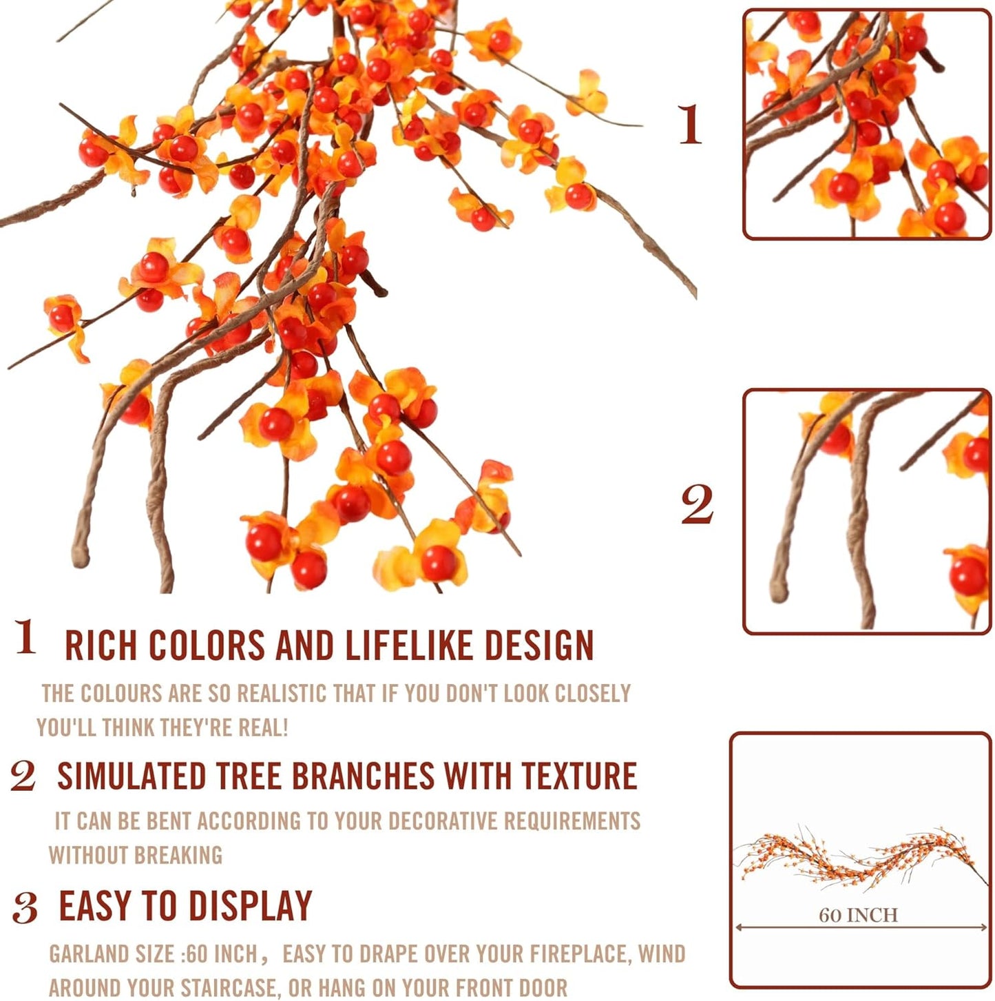 Artificial Bittersweet Garland for Fall Décor 60-Inch, Autumn Berries and Leaves for Thanksgiving, Halloween, and Wedding Decorations – Perfect for Mantels, Staircases, and Centerpieces