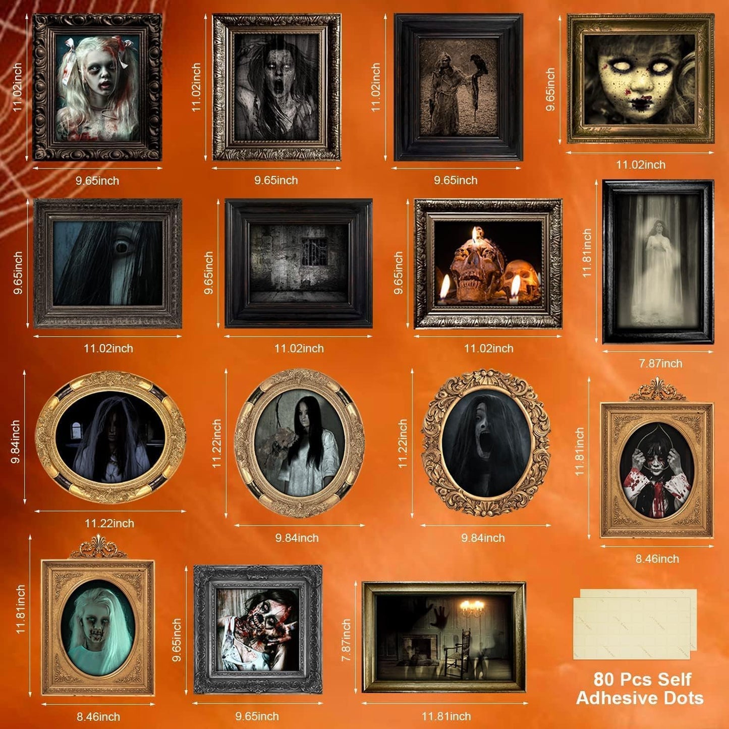 15 Halloween Gothic Mansion Haunted Horror Picture Frames, Waterproof Durable,with 80pcs Self Adhesive Dots, Creepy Photo Decorations For Haunted Home Family Castle Masquerade Party