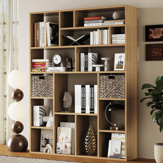 BLANKSPACE 71 Inch Tall Wooden Bookcase, 6-Tier Heavy Duty Storage Shelf with Foldable Storage Baskets - Freestanding Open Shelves for Living Room, Bedroom, Yuzu Oak