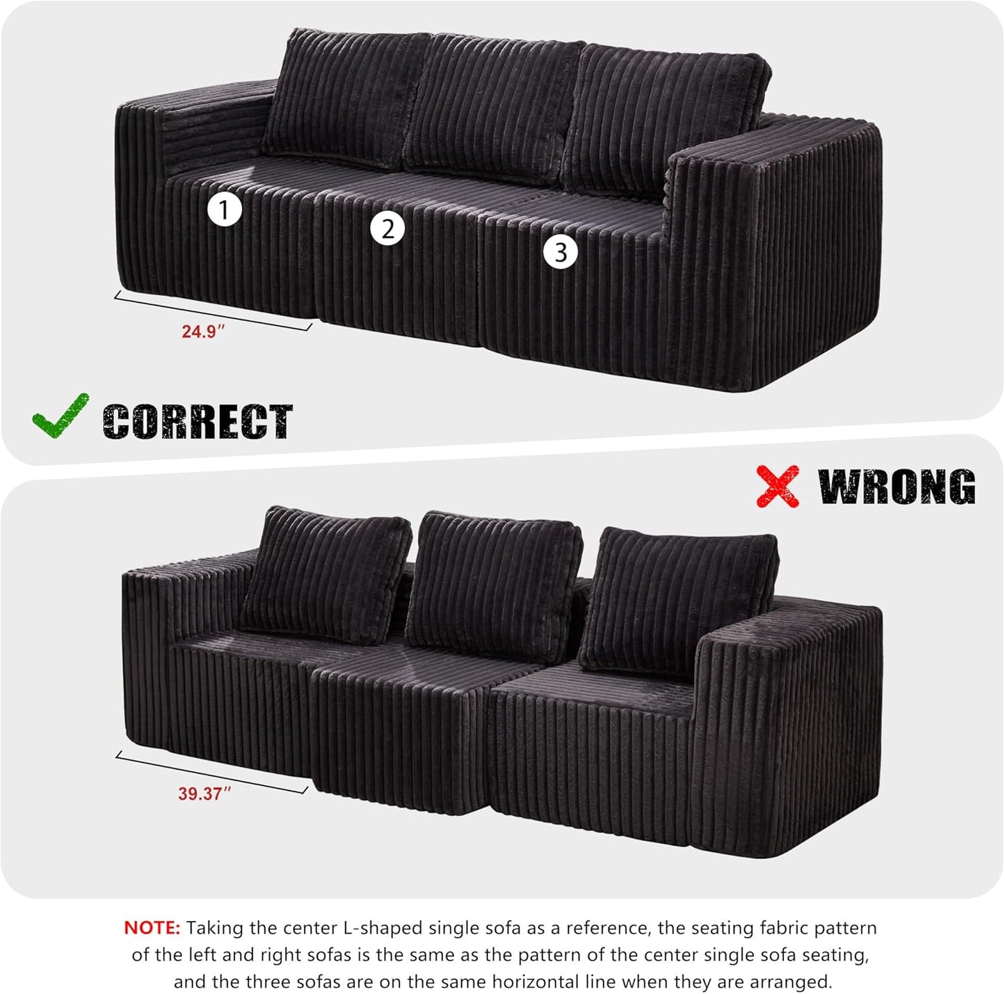 Hobestluk Modular Sectional Sofa Memory Foam Couch Oversized Sectional Sofa 3-Seater with Chaise Cloud Couch with Removable Cover L Shape Sofa for Living Room (Strip Grey, 3-Seater with Chaise)