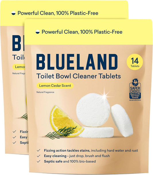 BLUELAND Toilet Bowl Cleaner Tablets, 2-Pack, 28 Count, Lemon Cedar, Plastic-Free, No Harsh Chemicals, Plant-Based