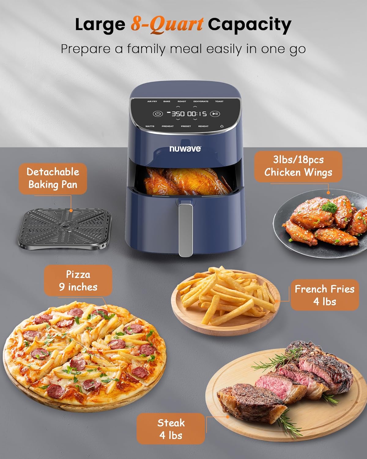 Nuwave Brio Plus Air Fryer 8 Qt, New & Improved, PFAS-FREE, 7 Digital One-Touch Cook Functions that AIR FRY, BAKE, ROAST, DEHYDRATE, TOAST, REHEAT, PREHEAT, 150 Presets, 50°F~400°F (Deep Blue)