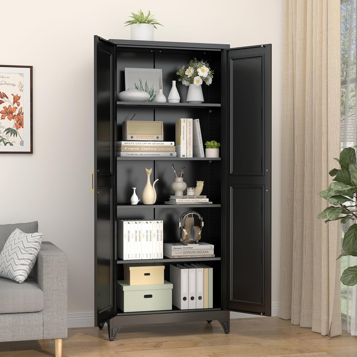 Kitchen Pantry Cabinet,75”Black Metal Storage Cabinets with Doors and 4 Adjustable Shelves,Kitchen Cabinet with 2 Gold Handles,Tall Cabinet for Livingroom, Bathroom