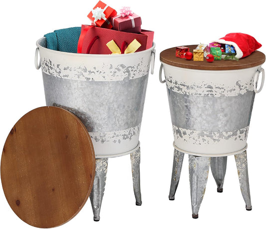 Rustic Storage Farmhouse Accent Side Table, Antique Galvanized Metal End Coffee Cocktail Table Box Bin with Round Wooden Lid Set of 2 (Distressed White)