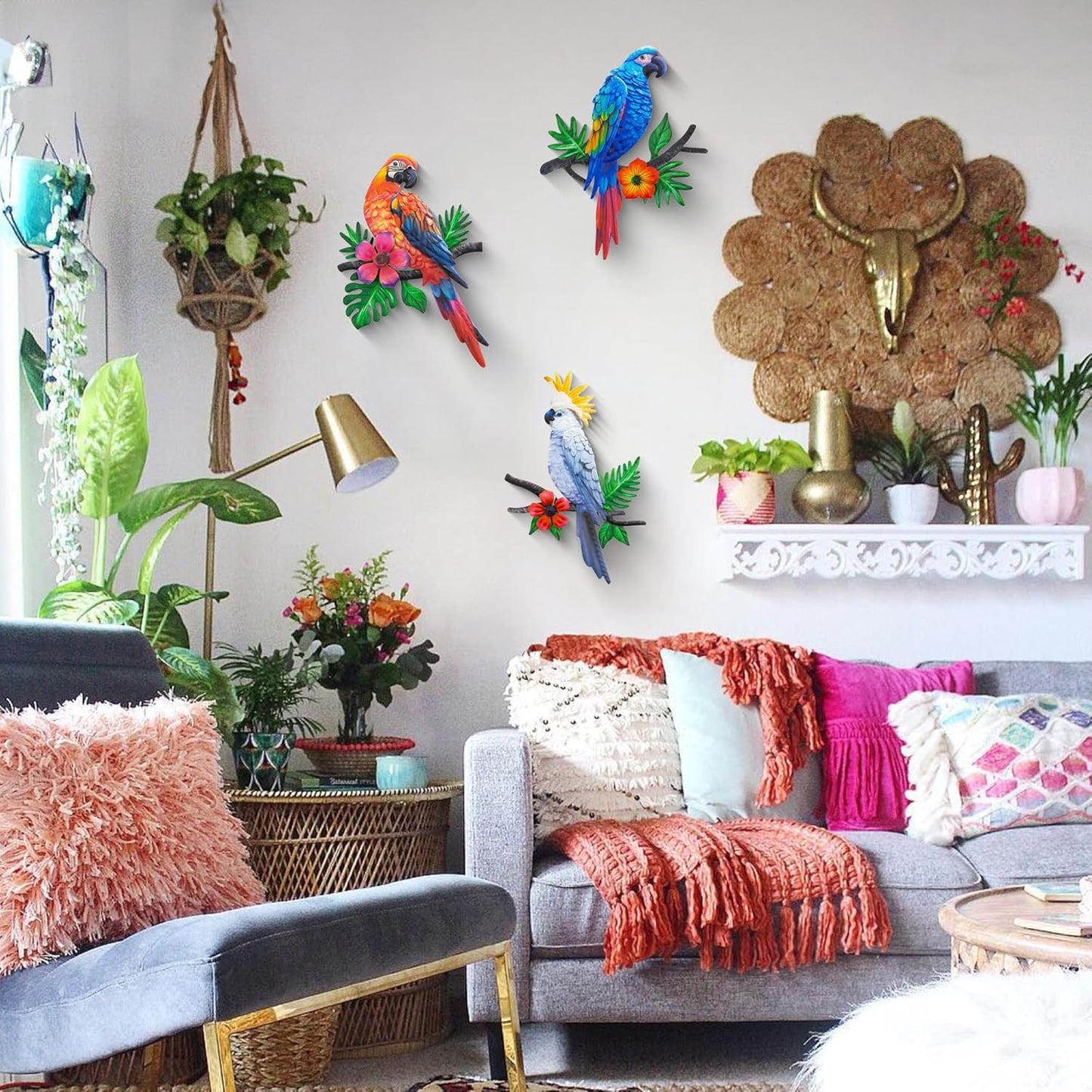 Metal Parrots Wall Art Decor Outdoor Decorations for Yard, Outdoor Garden Decor, Patio Decorations Garden Metal Bird Wall Decor-12 Inches Parrot Large Hanging Wall Decor 3 Pack