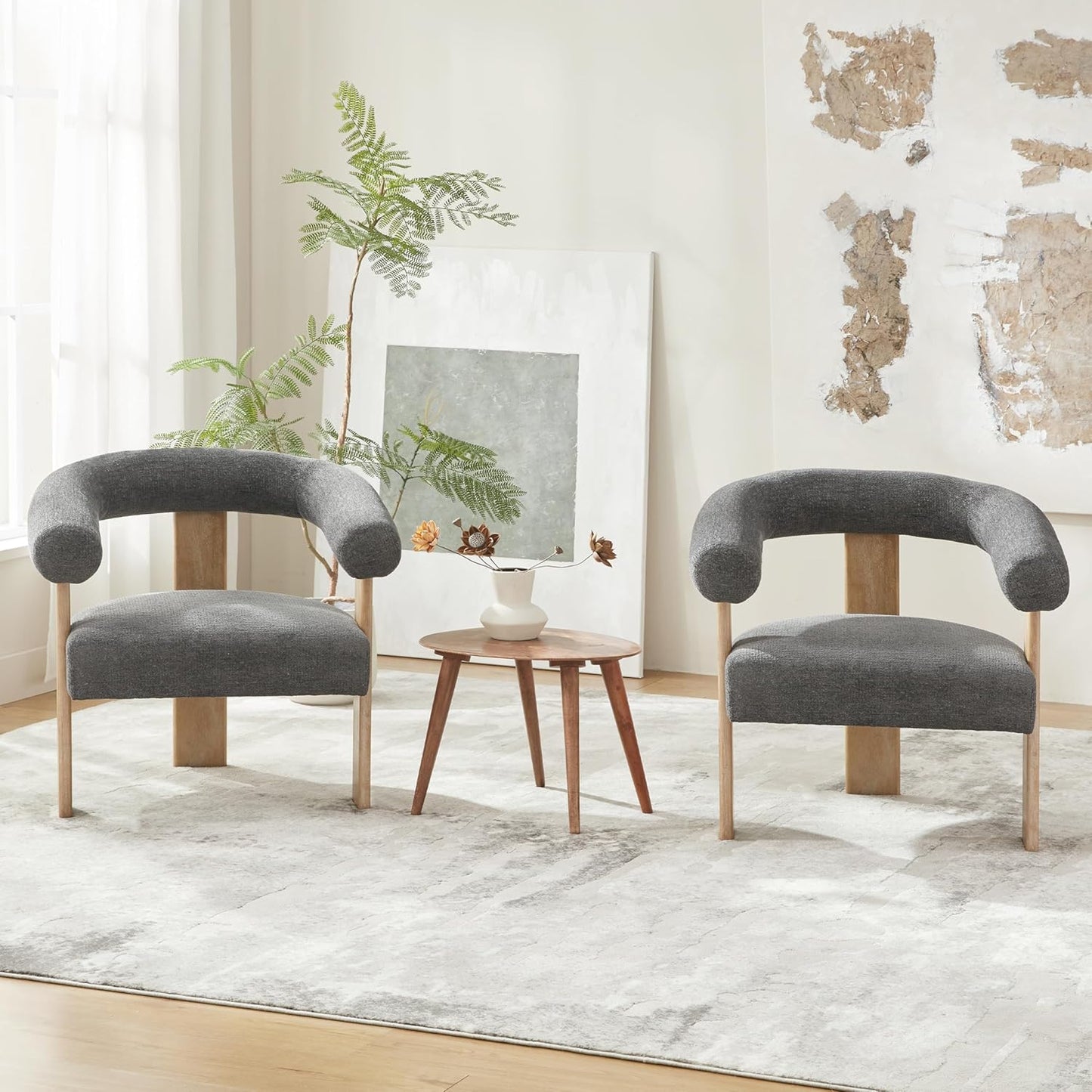 VKNOW Accent Chair Living Room Chair Set of 2, Modern Upholstered Armchair with Solid Wood Legs, Comfy Barrel Arm Chairs for Living Room Bedroom, Dark Grey