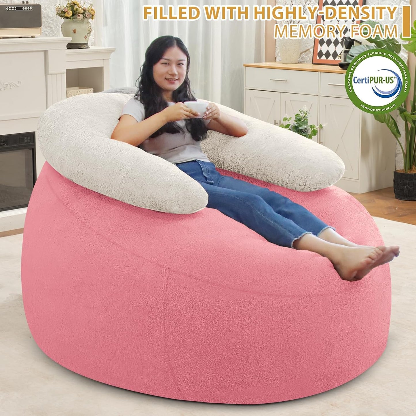HABUTWAY Bean Bag Chair with U-Shaped Pillow for Adult and Kids Big BeanBag Chair with Filling Ultra Soft Teddy Fleece Couch Chair with Washable Cover for Living Room Bedroom Office, Beige-Light Pink