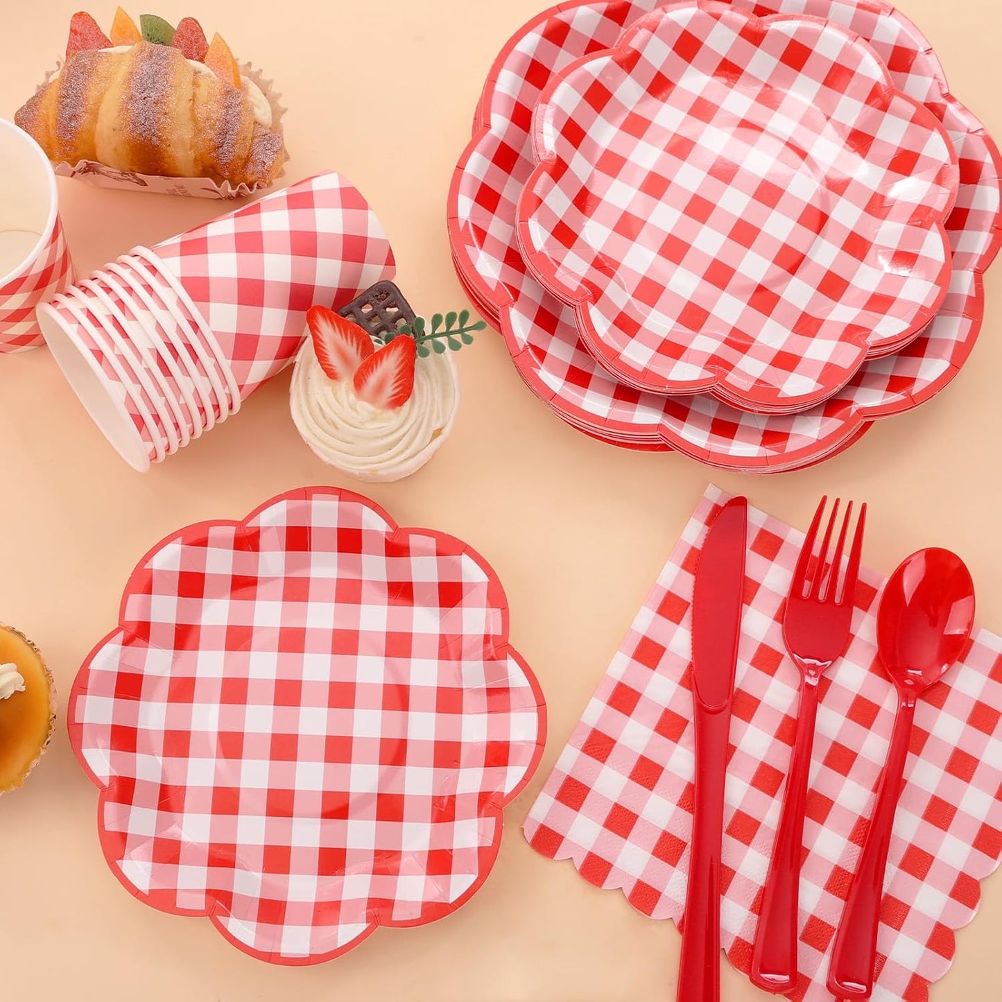 175 Pcs Red Gingham Plates and Napkins Party Supplies - Red and White Checkered Plates Sets Serve 25 Guests - Scalloped Gingham Paper Plate for Birthday Picnic BBQ Christmas Party Decorations