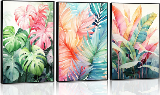3pcs Tropical Botanical Canvas Wall Art Monstera Leaves Posters Botanical Prints Bohemian style Wall Decor Pictures Palm Leaves Paintings for Bathroom living room Decoration Unframed
