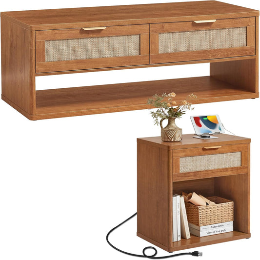 LEYAOYAO Boho Rattan Coffee Table Sets 2 Pieces, Nightstand with Charging Station and Coffee Table with Hidden Storage Compartment, Brown Living Room Table Set, Wood Furniture Sets for Home Office