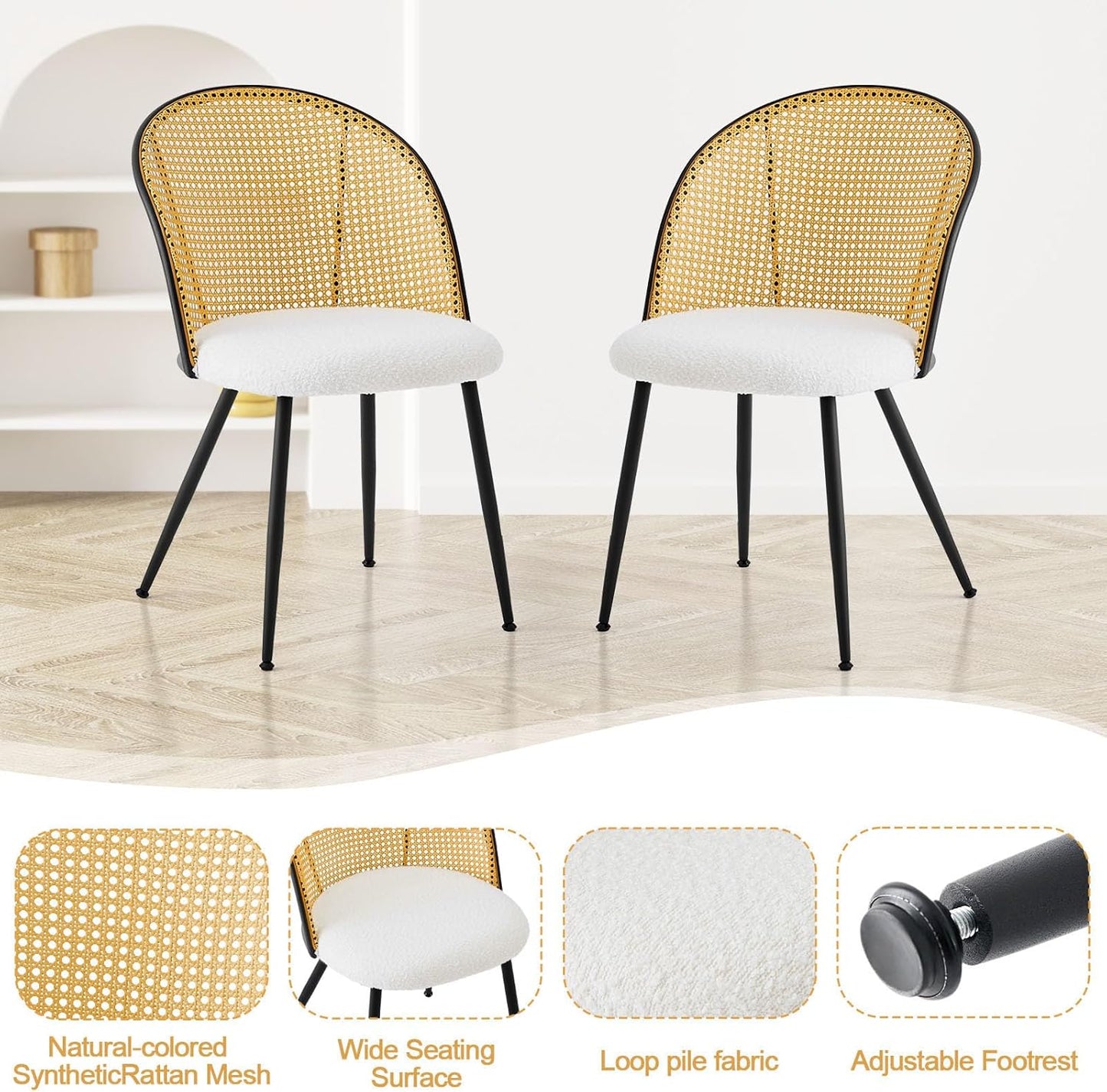 Rattan Dining Chairs Set of 2, Mid-Century Modern Kitchen Dining Room Chairs with Full Cane Backrest Armless Upholstered Farmhouse Boucle Dining Chairs with Metal Leqs for Dining Room, White