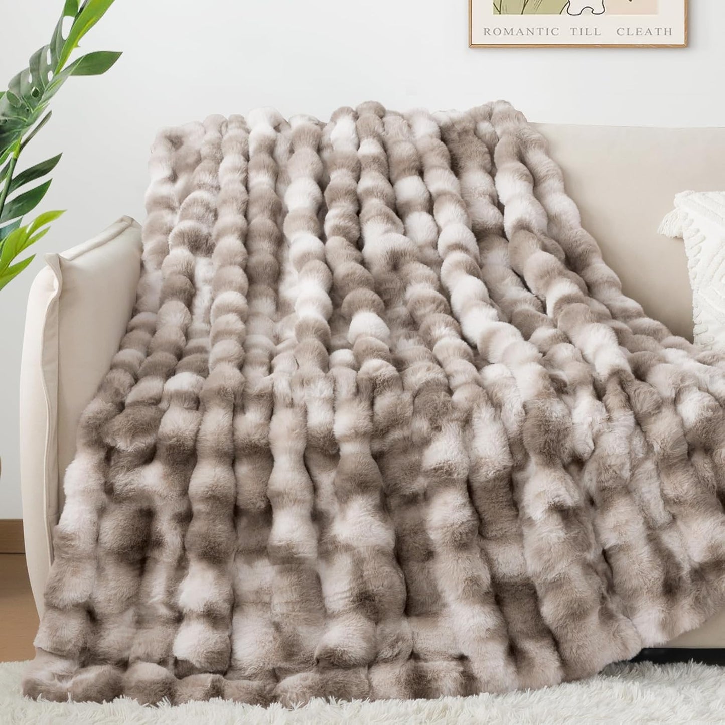 Touchat Luxury 1000GSM Faux Rabbit Fur Throw Blanket, Super Heavy Warm Cozy Grey Blankets for Couch Bed Sofa, Ruched Plush Fuzzy Elegant Soft Reversible Mink Blanket for Living Room Bedroom