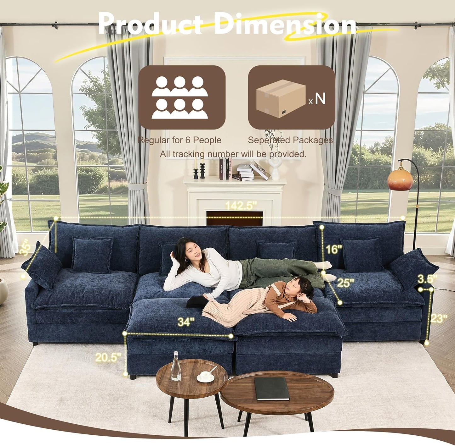 142.5" U Shaped Couch, Modular Sectional Sofa, 3-Seater Comfy Cloud Couch with Movable Ottoman, Deep Seat Couches for Living Room, Chenille, Navy