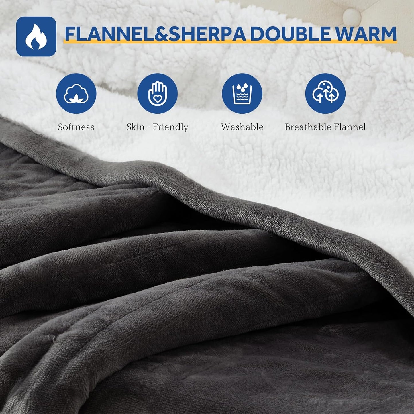 Sealy Electric Blanket Full Size 80"*84",Super Cozy Flannel to Sherpa Reversible Heated Blanket Full Size with 10 Heating Levels & 1-12 Hours Auto Off Overheating Protection Machine Washable, Charcoal