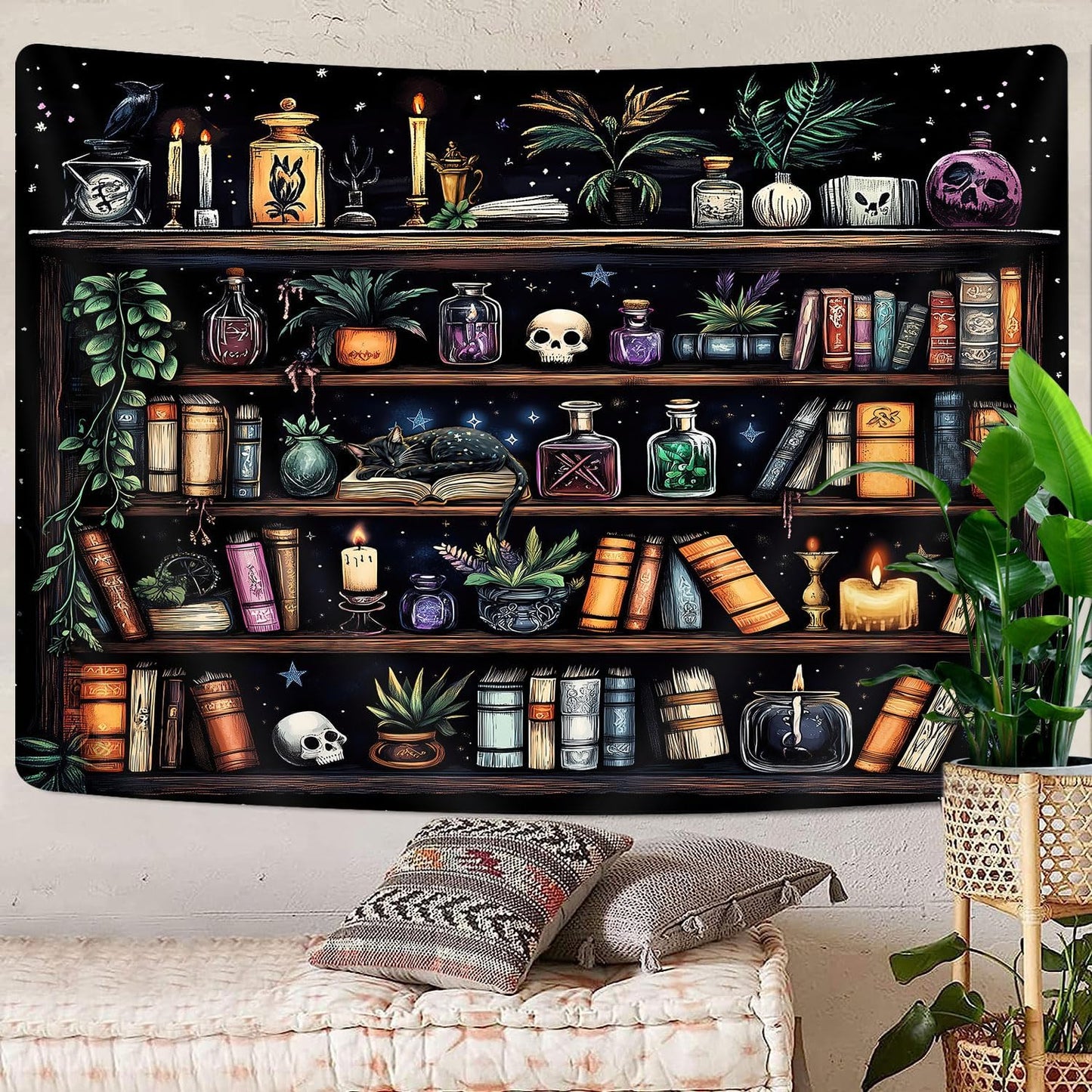 Bookshelf Tapestry Magical Library Witchy Tapestries, Vintage Fantasy Dark Bookshelf Hippie Cool Wall Tapestries Gothic Skull Black Cat Book Aesthetic Decor for Study Classroom, 60X40