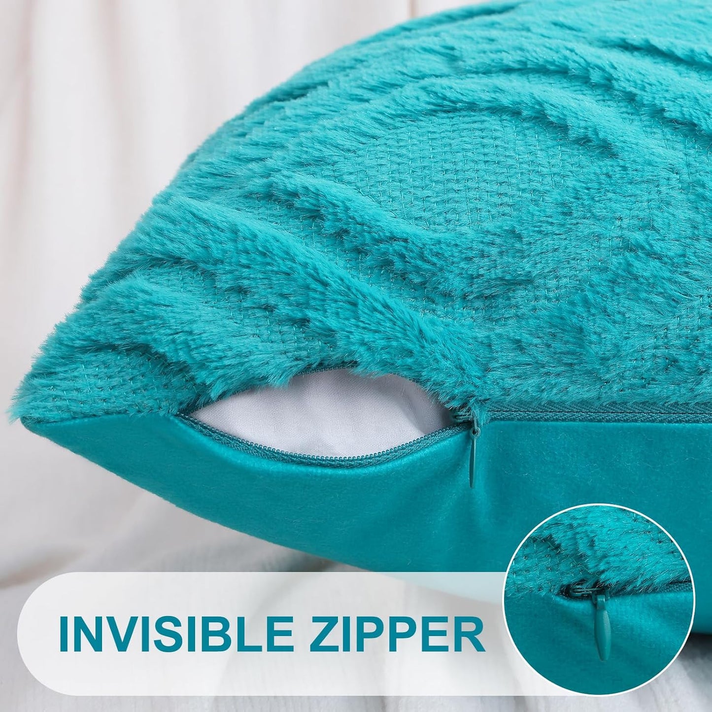 decorUhome Fall Throw Pillow Covers 24x24 Inch Set of 2, Soft Plush Decorative Faux Fur Turquoise Solid Couch Pillow Covers, Accent Farmhouse Neutral Square Euro Pillow Cases for Sofa Bed Living Room