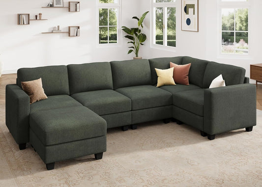 HONBAY U-Shaped Corduroy Sectional Couch with 6 Seaters Modular Sectional Sofa with Storage Sectional Couches for Living Room, Green