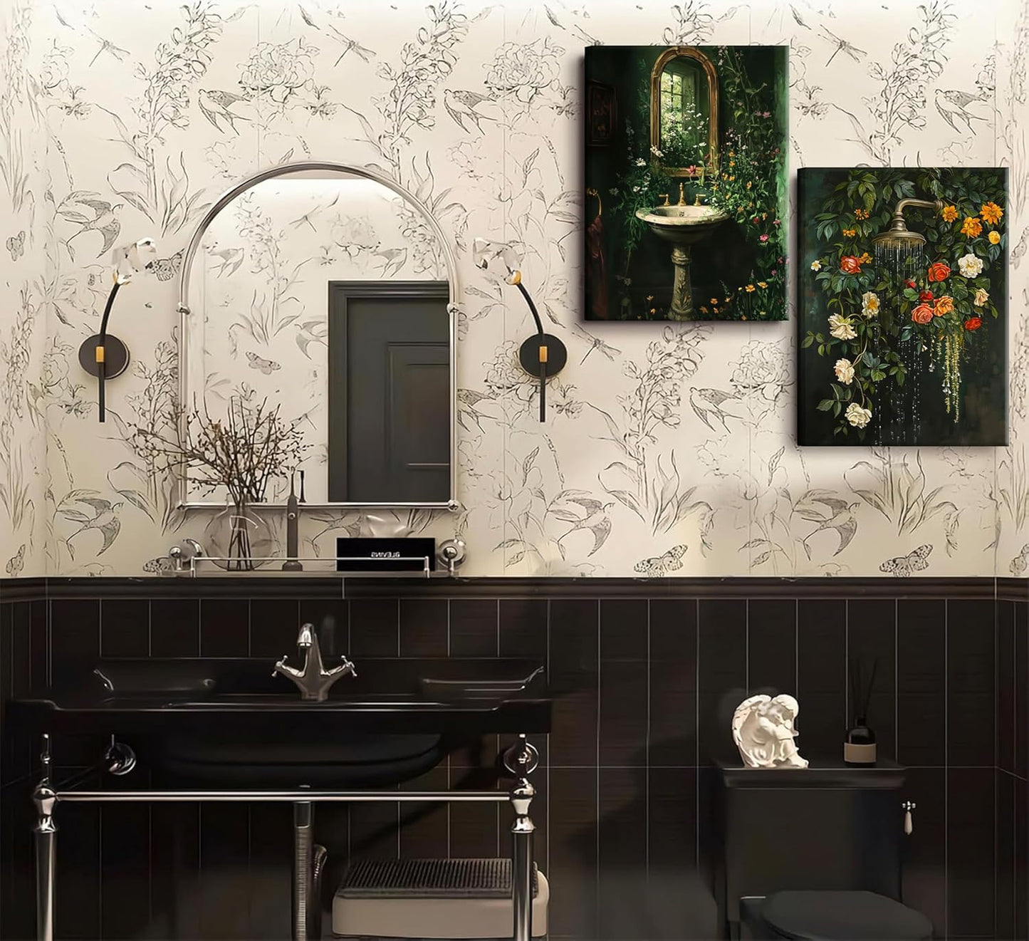3Pcs Framed Vintage Dark Green Bathroom Wall Art Shower Toilet Paper Roll Floral Poster Print Modern Farmhouse plants Painting Picture Wall Decor For Bathroom Living Room Decoration