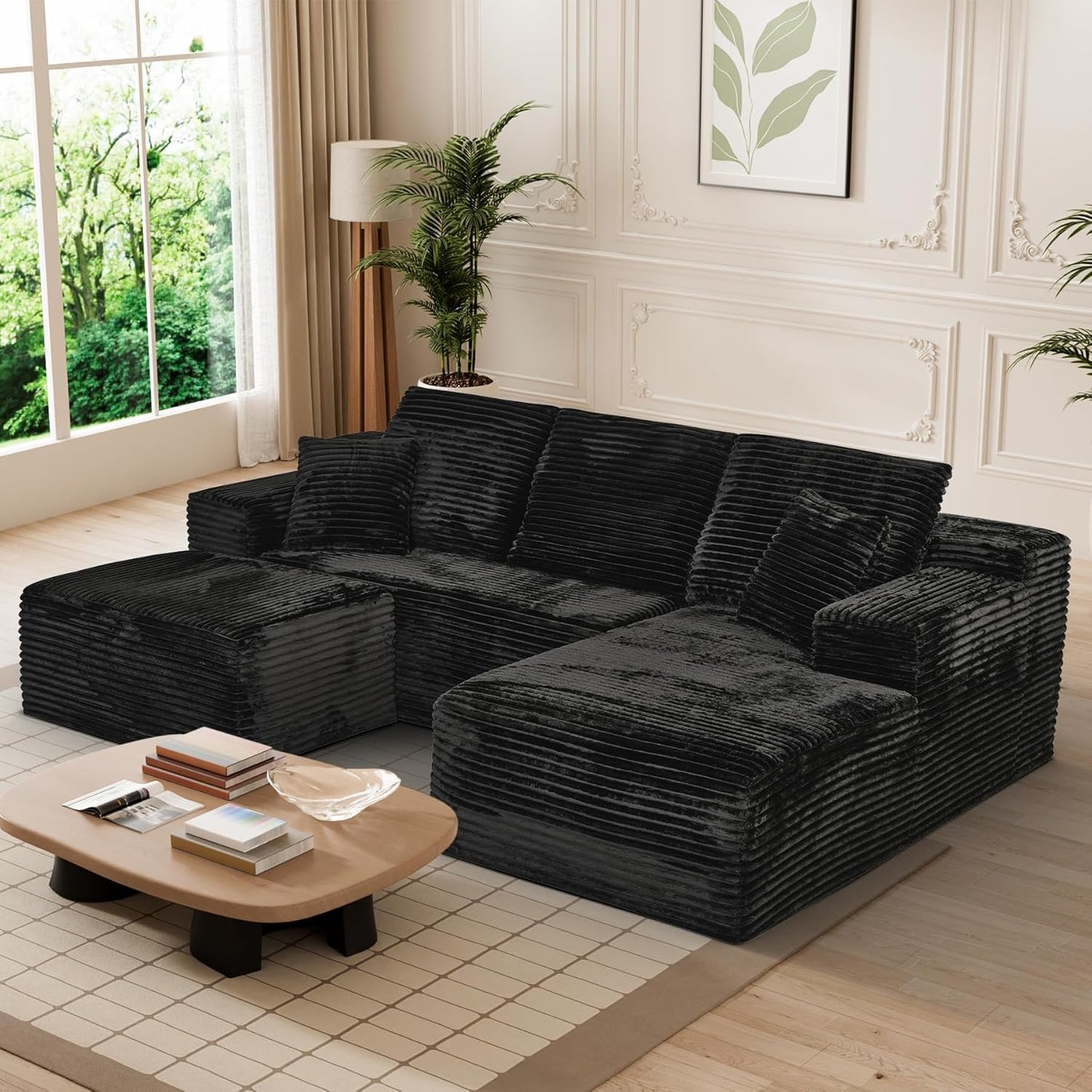 Modular Sectional Sofa Cloud Sectional Couch, 107" Comfy Fluffy U Shaped Black Couches for Living Room, Deep Seat Memory Foam Plush Corduroy Boneless Couch Sectionals with Right Facing Chaise Sofa