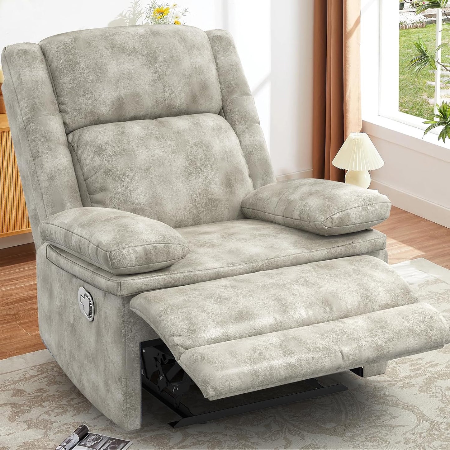 Recliner Chair for Adults, Oversized Manual Pull Tab Reclining Chair, 2-Tier Cushions, Minimalist Style Single Sofa for Living Room, RV (Polished Microfiber)