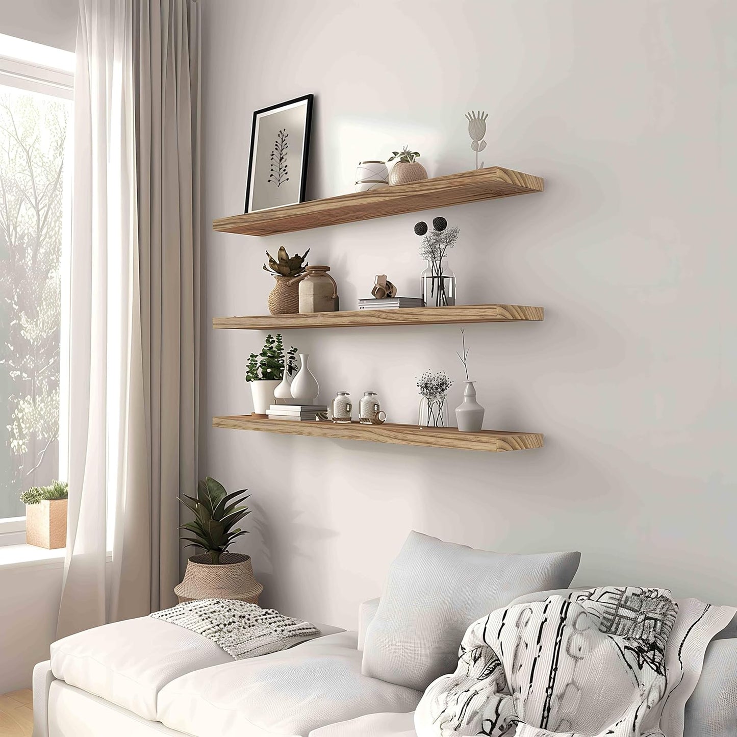 Wood Floating Shelves for Wall, Rustic Wall Shelves for Bedroom, Wall Mounted Floating Shelf, Set of 4 Light Walnut 36 Inch