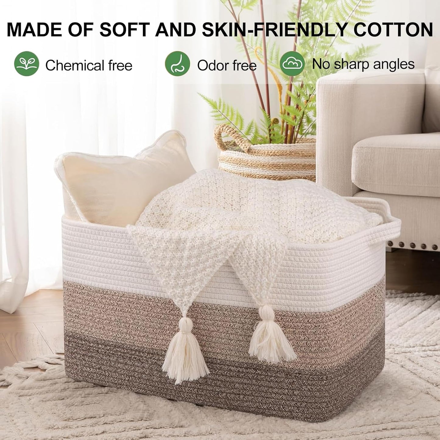 OIAHOMY Rectangle Woven Storage Basket - Nursery Cotton Rope Baskets for Storage, Toy Basket Organizing for Living Room, 17.7"x13.8"x11"- Pack of 3 - Gradient Yellow