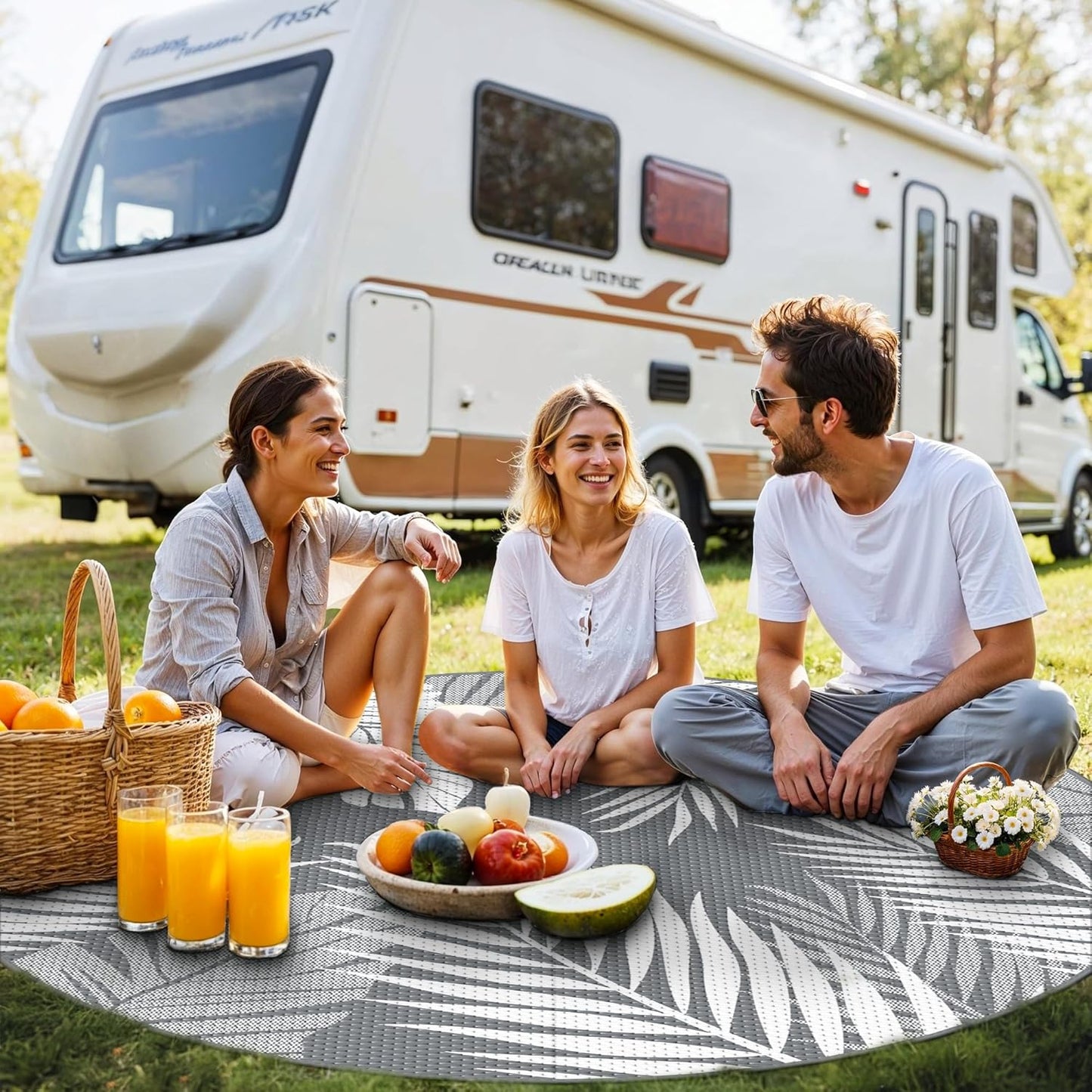 GENIMO Outdoor Rug 10' Round Waterproof for Patios Clearance, Reversible Outdoor Plastic Straw Camping Rug Carpet, Large Area Rugs Mats for RV, Camper, Deck, Balcony, Porch, Beach, Picnic, Grey&White