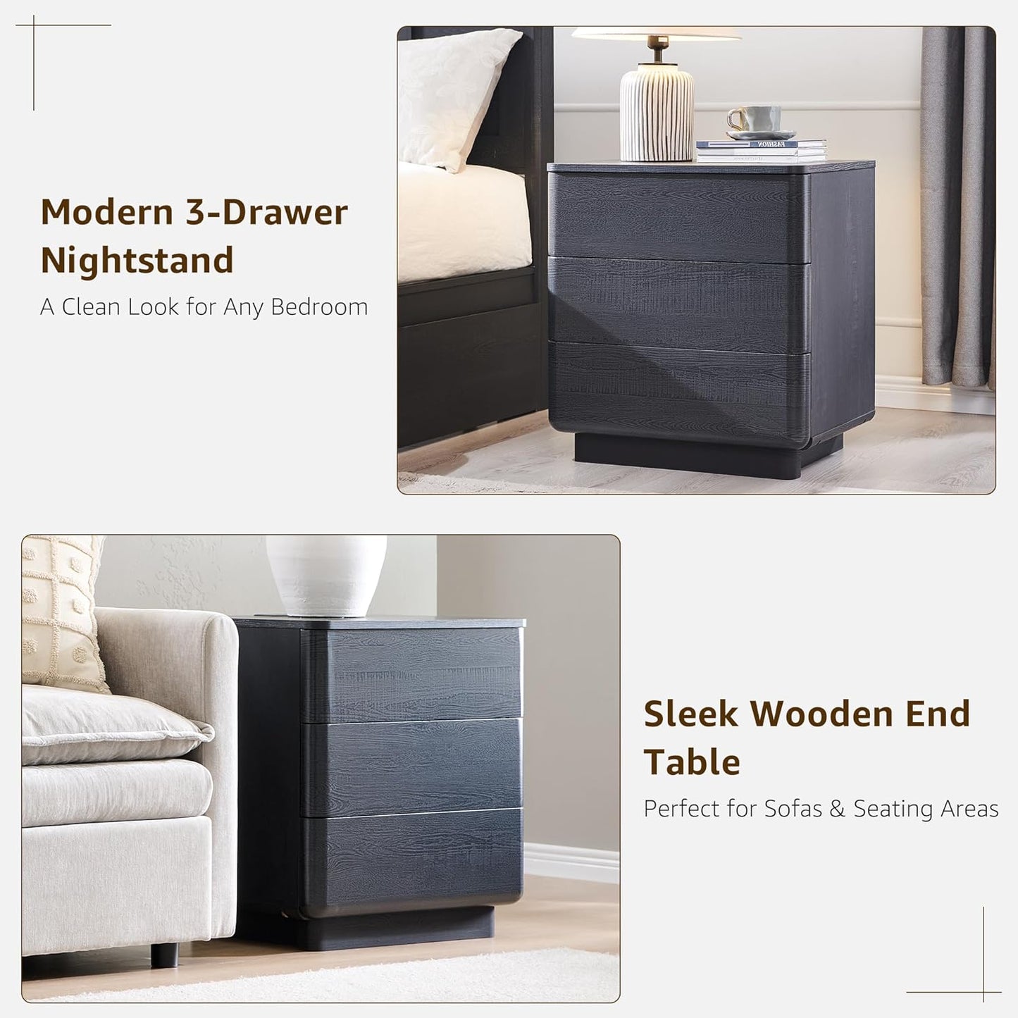 JXQTLINGMU 22" Modern Nightstand with Charging Station, Large Push-to-Open End Table, Wood Bedside Table w/Curved Profile Design, Handleless 3 Drawer Night Stand for Bedroom, Living Room, Black