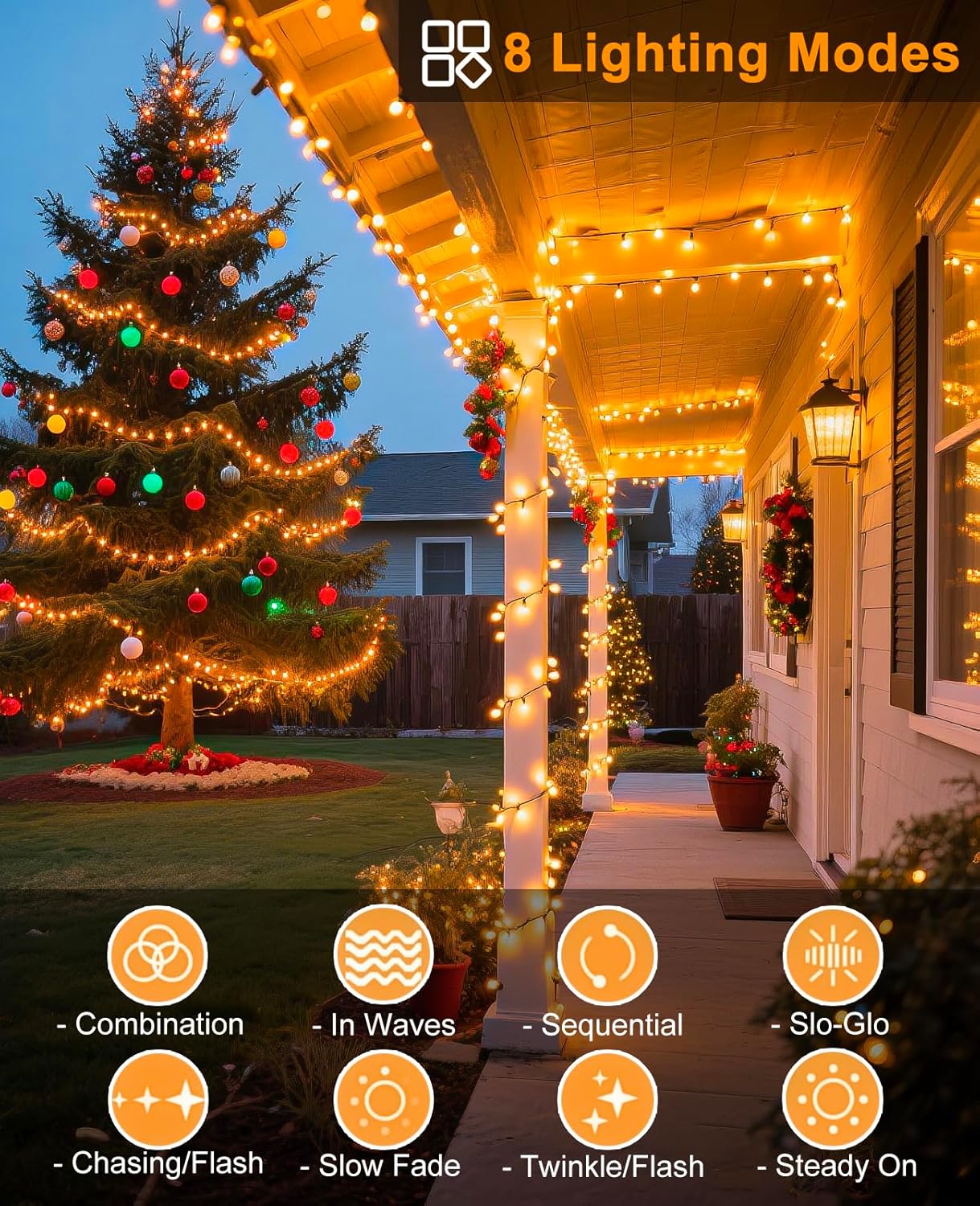 197FT 600 LED Christmas Lights Outdoor, Plug in Christmas Tree Lights Waterproof, 8 Modes Warm White String Twinkle Lights for Indoor Classroom Patio Garden Party Wedding Holiday Decorations