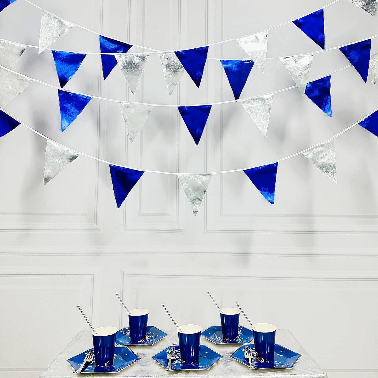 Royal Blue Silver Party Decorations Navy Blue Triangle Pennant Banner Flag Metallic Fabric Bunting Garland for Birthday Graduation Wedding Retirement Nautical Ahoy Achor Pirate Theme Party Supplies